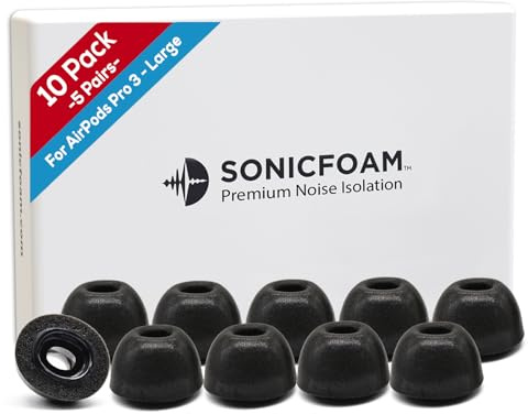 SONICFOAM (SFAir-3-Pro Large Black) Memory Foam Earbud Tips - Compatible with AirPods Pro 3 - (10 Pack / 5 Pairs)