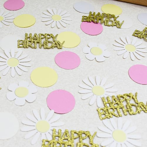 Fesnova Geburtstags Konfettikanone Dekorationsset mit Gänseblümchen,Tischdeko Geburtstag Weiß Pink Gelb,Glitzer-Schriftzug Happy Birthday,Papier-Blumen Girlande für Happy Birthday Deko