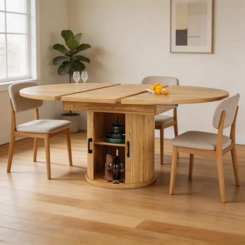 BTM Extendable Round Dining Table with Storage Oval Extending Tables for Kitchen, Oak Color