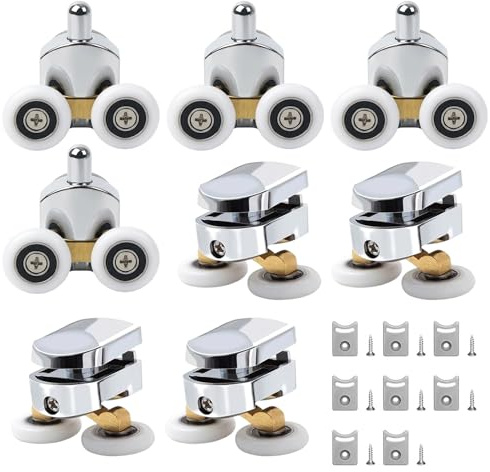 Eulihent 8 Pcs 25mm Shower Door Rollers Twin Wheels Shower Door Wheels Shower Rollers for 4-6mm Curved Doors Shower Wheels Heavy Duty Sliding Glass Door Rollers with Anti-Collision Block & Screws