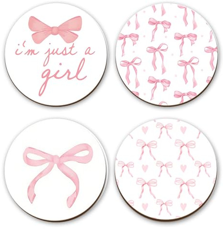 4Pcs Pink Bow Wooden Coasters, Round Car Coasters for Cup Holders, Non-slip Drink Coaster for Coffee & Tea, Cute Kitchen Accessories for Home Decor and Tabletop Protection