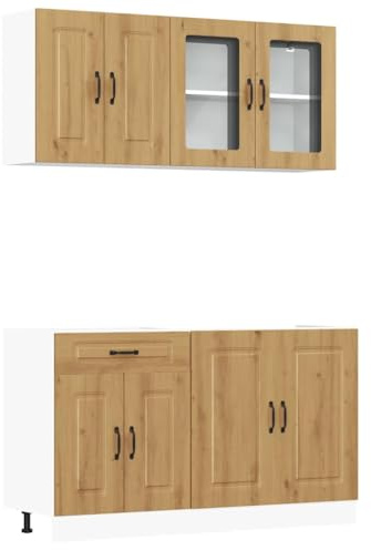 Fisinber 4-teiliges Küchenschrank-Set Kalmar Artisan-Eiche Holzwerkstoff Glasfront 80/60/60/80 cm Spülen-/Unter-/Hängeschrank Glastürenschrank