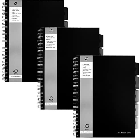 Pukkapad Project Book A4 Bloc Notes ad anelli con 5 separatori,250 fogli, Nero