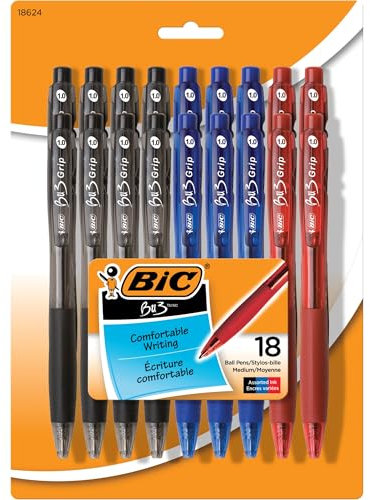 BIC bu3 Grip Ball Pen, Medium Point (1.0 mm), Assorted, 18 de Count by BIC