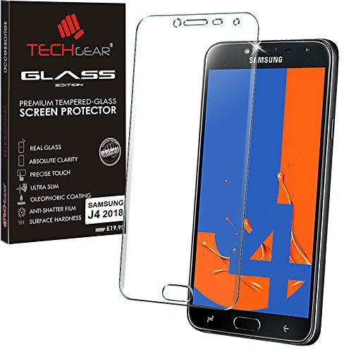 TECHGEAR VERRE Trempé pour Galaxy J4, [Version 3D] Protecteur d'Écran en Verre Trempé avec Adhésif et Protection Plein Écran Compatible pour Samsung Galaxy J4 (Séries SM-J400) [Clair]