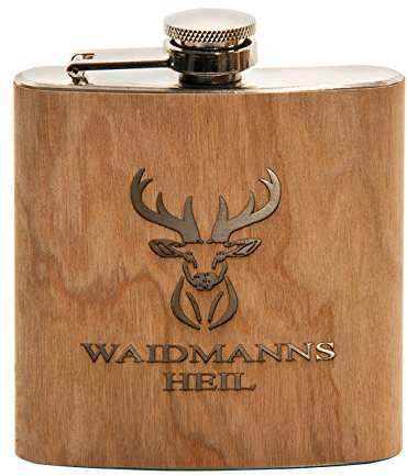 OUTDOORDINO Waidmannsheil Flasque en Acier Inoxydable | Cadeaux pour Les Chasseurs | Flasque en Bois | Idée Cadeau pour Homme | Cadeau de Chasse|Naturel | Argent,11 x 10 x 2 centimètres