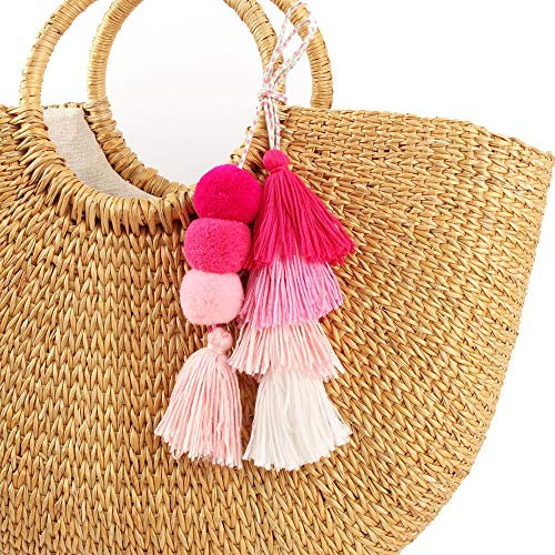 QTKJ Bunte böhmische Pompon Quaste Schlüsselanhänger Handtaschen Stroh Tasche Charms Ornamente Schlüsselanhänger Pompon Anhänger, rosa (1), Einheitsgröße