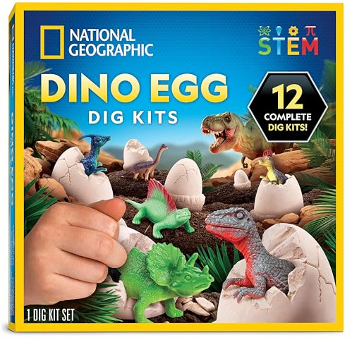 National Geographic Dinosaur Dig Kit – 12 Dino Egg Shaped Dig Bricks with Dinosaur Figures Inside, Party Activity comes with 12 Excavation Tool Sets, Great STEM Toy for Boys and Girls