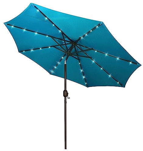 Blissun - Parasol solaire de 2,7 m - Avec 32 LED et manivelle - Pour jardin, terrasse, jardin, piscine et plage - Bleu céruléen