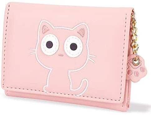 conisy Süß Klein Geldbeutel Damen,Dreifach Gefaltete Leder Dünn Geldbörse mit RFID für Mädchen und Frauen (Katze rosa)