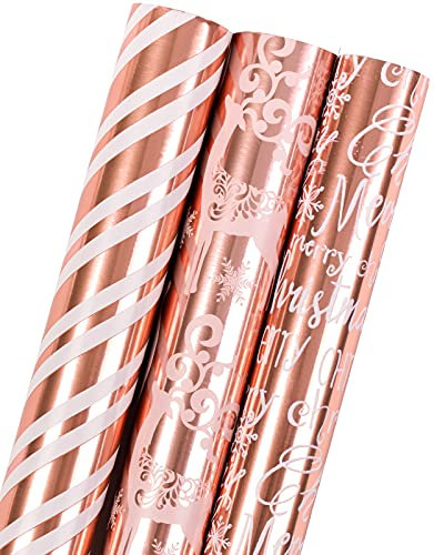 MAYPLUSS Christmas Wrapping Paper Roll - Mini Roll - 17 inch X 120 inch Per roll - 3 Different Rose Gold Design with Glitter Metallic Foil Shine (42.3 sq.ft.ttl)