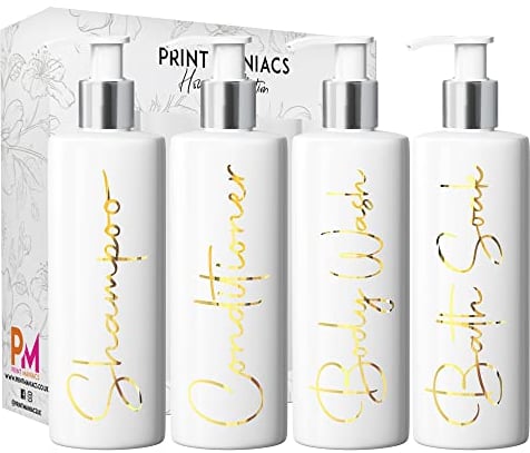 Print Maniacs Mrs Hinch Inspired White Personalised Pump Bottles Bathroom Kitchen Set Shampoo Conditioner Body Wash Bath Soak (F2) (Gold)