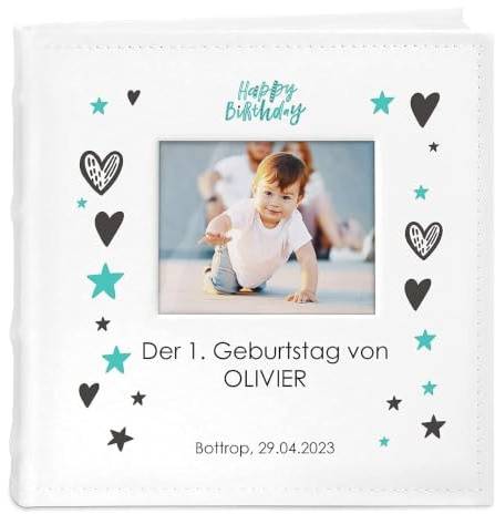 Maverton Einsteckalbum mit Aufdruck für 200 Fotos 10x15-100 weiße Seiten | Größe 21x22cm, Weiß, Geschenk für Kind zur Geburt Taufe zum Geburtstag, Herzen