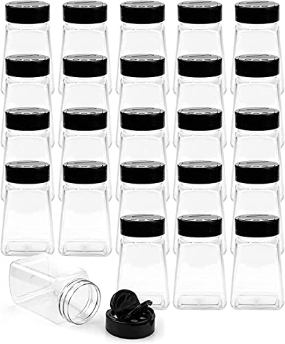 Tebery 24 Stück transparente Kunststoff-Gewürzgläser mit schwarzer Klappdeckel, 255 ml, Gewürzgläser, Flasche zum Ausgießen oder Sieb Shaker für die Aufbewahrung von Gewürzen