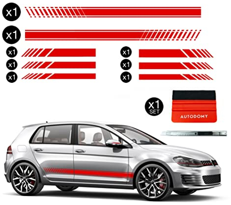 Autodomy Seitenstreifen Rennstreifen Stripes Streifen Aufkleber, Rallystreifen Zierstreifen Auto Rally Tuning Sport Racing Dekor Autoaufkleber + Rakel und Cuttermesser (Rot)