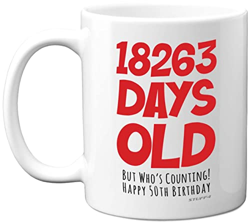 50th Birthday Mug Gift for Men Women Him Her - 18263 Days Old - Funny Adult Fifty Fiftieth Happy Birthday Present for Dad Mum Nan Grandad Uncle Auntie, 11oz Ceramic Dishwasher Safe Coffee Mugs