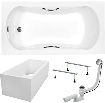 BADLAND Badewanne Original Weiß Acryl Wanne Rechteck ARIA PLUS 150x70 KOMPLETTSET SET mit Premium Wannenträger + Füßen und Exklusive Chrom Automatik Ablaufgarnitur Made in EU 4in1
