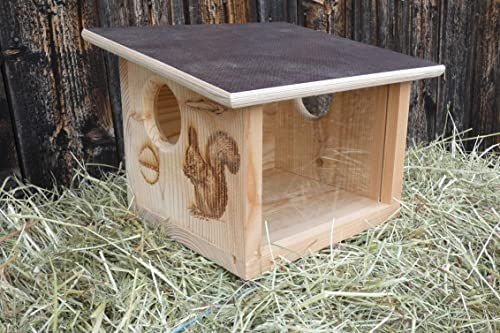 Eichhörnchen Futterhaus aus hochwertigem Lärchenholz, deutsches Qualitätsprodukt, von Hand gefertigt im Bayerischen Wald zum Stellen oder aufhängen (Futterhaus XL)