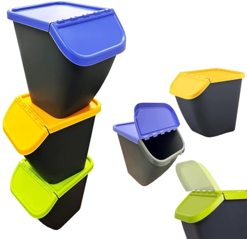 STORM TRADING GROUP Pelican Waste Segregation Recycling Bins Kitchen/Home/Office Bins Colour Coded Lids Blue, Green & Yellow (3 Bins With 3 Coloured Lids - Blue, Green & Yellow)