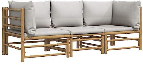vidaXL Salon de Jardin 3 pcs avec Coussins Gris Clair Bambou, Ensemble de Salon, Ensemble de Salon extérieur, Ensemble de mobilier d'extérieur