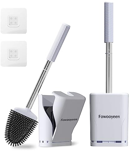 Fowooyeen Escobillas de Baño, Escobilla WC Silicona, Cepillo Toilet Plana de Mango Largo, Cepillo de Limpieza WC Curvo de Pie/Montado en la Pared, para Baño e Inodoro - Blanco, 2 Pcs