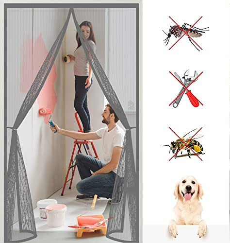 Porte Moustiquaire 165 x 200 cm Anti Insecte,Pliable,Fermeture Automatique Moustiquaire Store Enroulable Kit d'installation Complet pour Portes, Patio, Gris