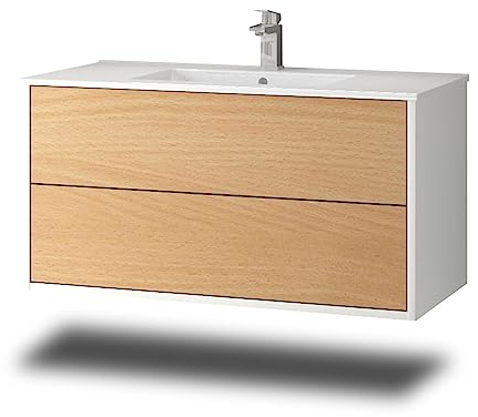 Stil.Zeit Evelia Badmöbel inkl. Waschbecken | Waschtisch mit Unterschrank 100.5 cm | Weiß/Dekor Buche| Push-to-Open/hängend