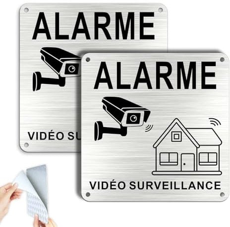 SINMAO Panneau Alarme Vidéo Surveillance Verisure Adhésif 15×15cm Aluminium Brossé x2 pièces