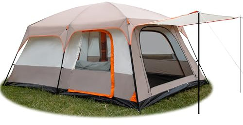 KTT Extra großes Zelt für 12 Personen (Stil A), Familienhüttenzelte, 2 Zimmer, gerade Wand, 3 Türen, 3 Fenster mit Netz, wasserdicht, doppellagig, Outdoor-Zelt