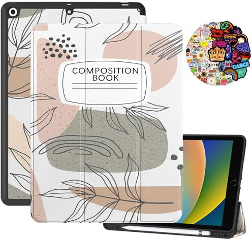 Cabreche Compatible with iPad 10.2 inch Case 9th /8th /7th Generation (2021/2020/2019) Pencil Holder Stickers Auto Sleep/Wake Cover Girls Women Cute Preppy Notebook Composition Book-Leaf Leaves