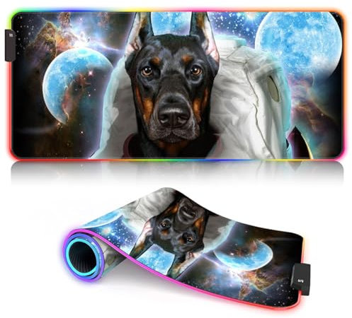 Large RGB LED Gaming Mouse Pad Mat 14 Modes Glow Large Gaming Mousepad Non Slip Mat Extended Big Keyboard and Mouse Pad Mat for PC Laptop Desk XXL Astronaut Doberman Dog 15.7x35.4inch
