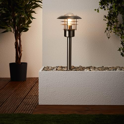 Lightbox moderne Außen Sockellampe - 50 cm Höhe, Ø 22 cm - zeitlose Outdoor Wegeleuchte mit Regenschutz aus Glas - spritzwassergeschützt (IP44) - E27, max. 40 W - aus Metall/Glas - in Edelstahl