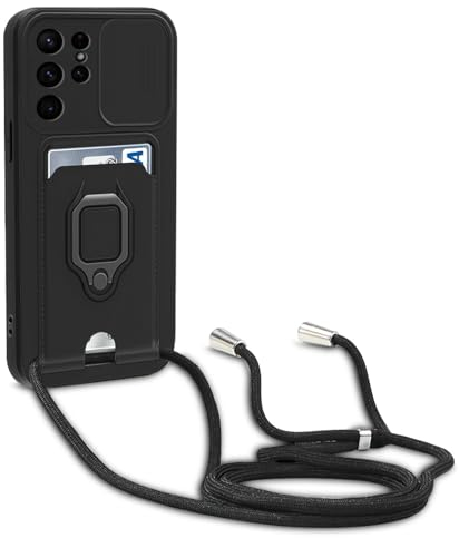 yanasuo Schiebe Kameraschutz Silikon Handykette Hülle kompatibel mit Samsung Galaxy S24 Ultra, Metall Ring Halter Handy Cover,Verstellbarer Halskette Handyhülle-Schwarz