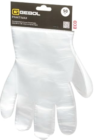 Gebol Einweghandschuh Praktimax 50 Stück | Universalgröße | Kartonaufhängung für einfache Entnahme | Plastik Schutzhandschuhe passend für linke und rechte Hand | wasserfest | durchsichtig