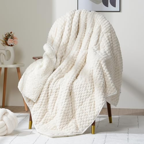 Fleece Weighted Blanket for Adults 48 x 72 15lbs Fuzzy Blankets White | Twin Size Soft Sherpa Weighted Blankets, 3D Imitation Turtle Shell Warm Jacquard Flannel Heavy Blanket for Couch and Bed