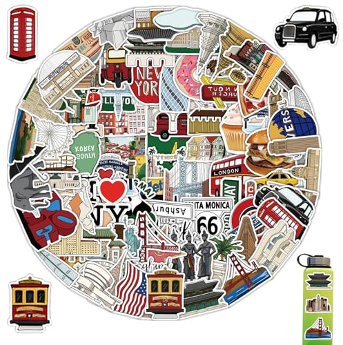 100 Stücke Vintage Reise Aufkleber Set, Wasserfeste Aufkleber, Reisekarten-Aufkleber, Aesthetic Städte Sticker für Koffer, Laptop, Helm, Motorrad, Fahrrad, Wasserbecher, Skateboard