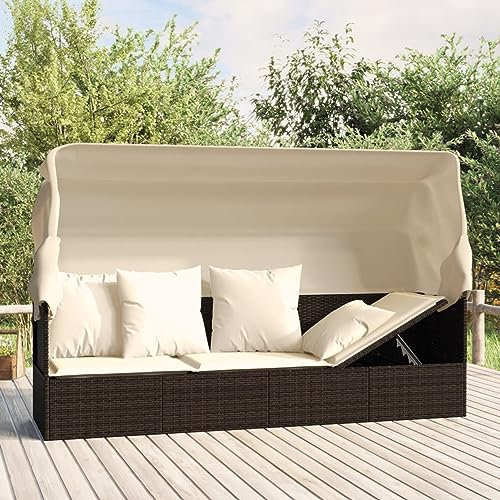 JUDYY Outdoor-Loungebett mit Dach und Kissen, Lounge Sofa Outdoor, Sonneninsel Outdoor, Outdoor Liege, Daybed Outdoor, Outdoor Bett, Garten Lounge, Braun Poly Rattan