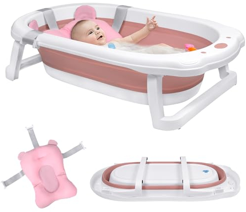 SUBTLETY 82x50x22cm Faltbare Baby Badewanne Platzsparend Badewannensitze mit Badekissen & Anti-Rutsch Gestell Kunststoff Kinderbadewanne Babywanne für 0-24 Monaten Neugeborene, Babys (Rosa)