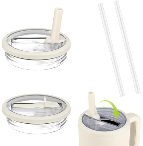 Sprifityy 2 Stück Ersatzdeckel für 40oz Becher,Wiederverwendbarer Auslaufsichere und Staubdichte Tumbler Abdeckungen Becher,mit Trinkhalmen,Für Stanley Cup Zubehör Ersatzdeckel Deckel (Beige)