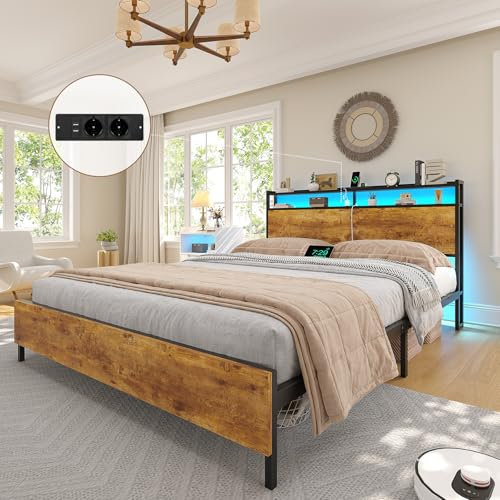 Brinlawb Bett 140x200 mit Lattenrost aus Metall Doppelbett mit LED Beleuchtung und Ladestation (2 AC-Steckdosen 2 USB-Anschlüsse) Bettrahmen, Bettgestell 140x200cm mit Holzkopfteil und Stauraum, Braun