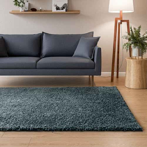 Interiyou Hochflor Teppich Sofia - 133x190 cm Blau - flauschig und einfarbig - waschbar und rutschfest - weicher Langflor