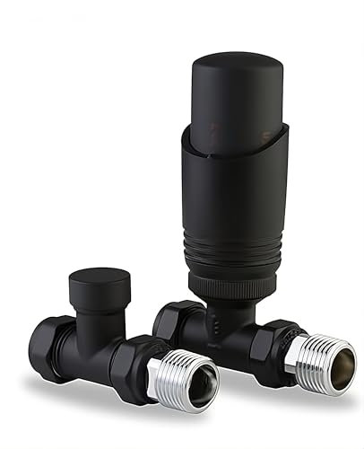 Team Controls Matt Black Straight Thermostatic TRV Radiator Valve & Lockshield 15mm x 1/2 Pack