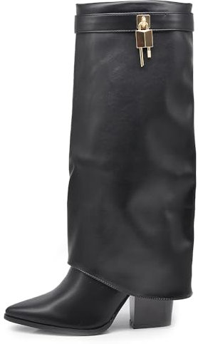 IF FASHION Stivali Alti A Punta Gambale A Ghetta Con Tacco Zip Cerniera Luchetto Da Donna G698 Nero N.40