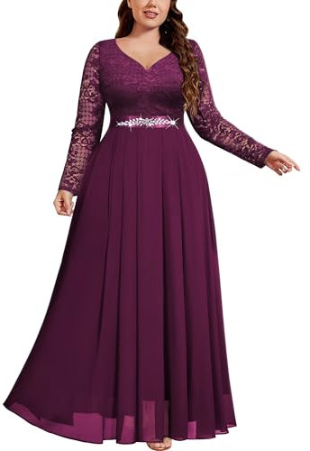 MISSMAY Plus Size Floral Lace Contrast Chiffon Lantern Long Sleeves Rhinestone Waist Closing Formal Banquet Maxi Dress (1XL, Maroon)
