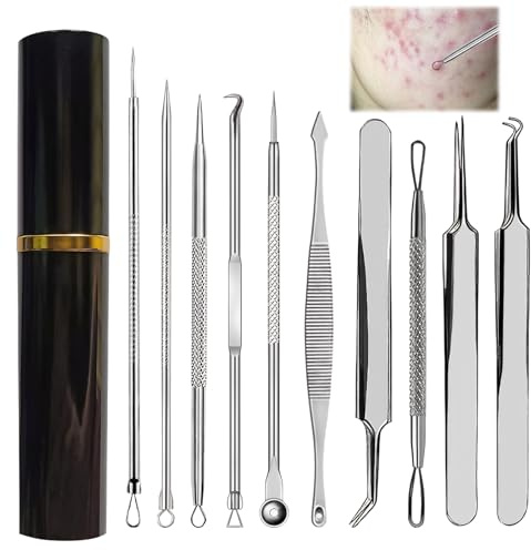 10 Pcs Pickel Ausdrücken Werkzeug Set, Mitesserentferner Set, Blackhead Remover Entferner Mitesser Entferner Komedonenquetscher Edelstahl Mit Aufbewahrungsbox Entferner für Nasen, Gesichtspflege