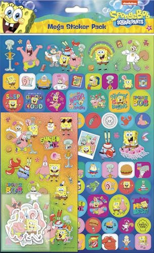 SpongeBob Schwammkopf Mega-Aufkleber-Set, offizielles Lizenzprodukt, drei Arten von Aufklebern (ca. 120 Aufkleber), wiederverwendbar auf nicht-porösen Oberflächen, Uni, ab 3 Jahren, Geschenke,