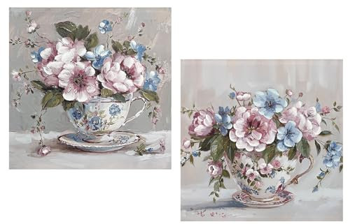 DRW Tableau sur Toile avec Fleurs peintes à la Main en Rose et Bleu 60 x 3 x 60 cm