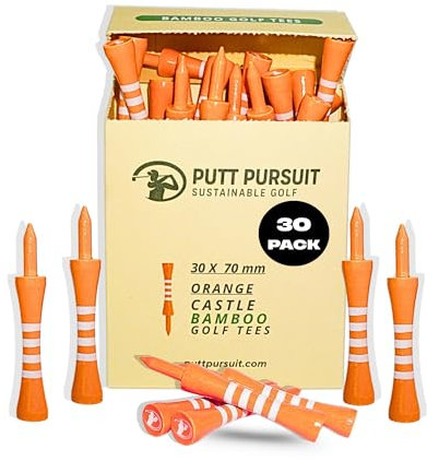 Putt Pursuit 7cm/ 70mm Castle Bamboo Golf Tees - Biodegradable & Sustainable Golf Tees Bamboo Material - Golf Accessories - Golf Tees Wooden - 30 Non Plastic Golf Tees - Orange Colour Tee