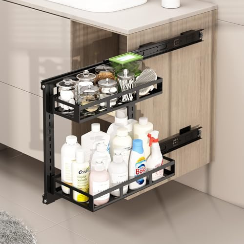 Niwugady Unter Waschbecken Regal für Spülenunterschrank Höhenverstellbar, 2 Etagen Metall Küchen Organizer Unterschrank Gewürzregal, Waschbeckenunterschrank Organizer, 1 Stück, Schwarz