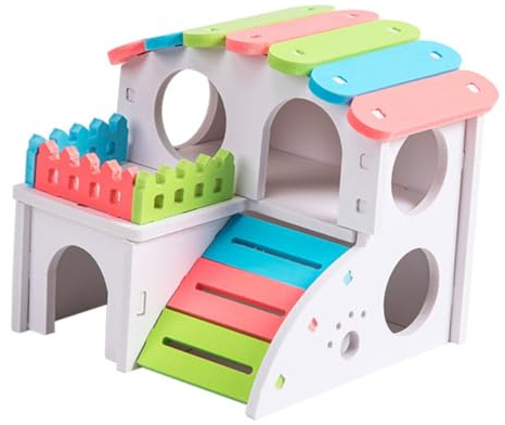 MOTHNUR Holz Hamsterhaus DIY Spielhaus mit Wippe und Zaun Natürlicher Kleintier Unterschlupf für Hamster Meerschweinchen und Kleine Haustiere Handgefertigt für Sicheren Innenbereich